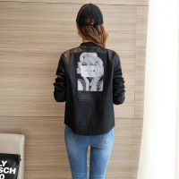 子沫雨JMOORY皮衣女韩版修身短款机车服长袖圆领印花秋季PU皮夹克潮