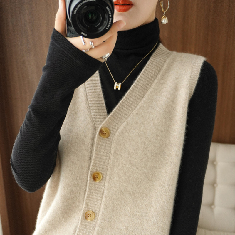 冬季叠穿韩版修身显瘦软糯针织开衫无袖外穿马夹背心毛衣女马甲
