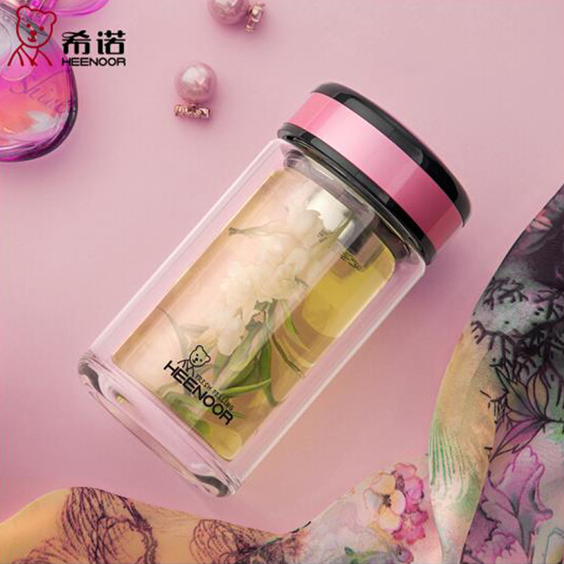 希诺双层玻璃杯 办公可爱水杯子 女士带盖创意便携过滤耐热花茶水杯 XN-9752 220ML