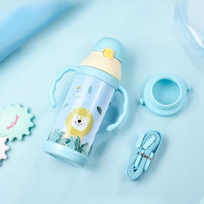 喜凯儿童保温杯316不锈钢带吸管男女学生防摔幼儿园可背水壶600ml绿色