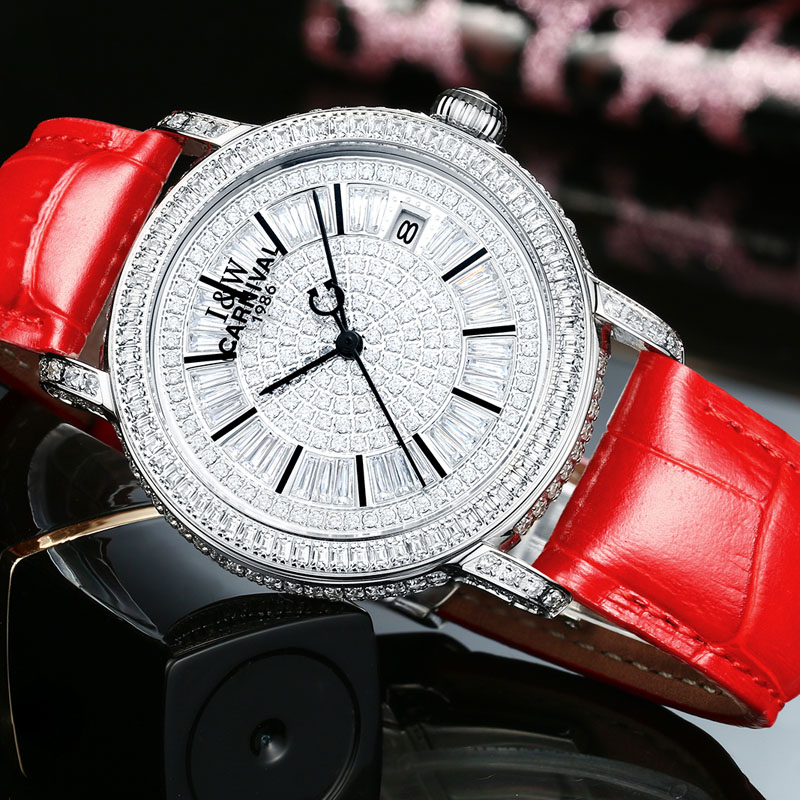 瑞士嘉年华Carnival进口机芯女士手表满天星全自动机械表 女镶钻牛皮表带休闲时尚女表防水真皮腕表8690高清大图