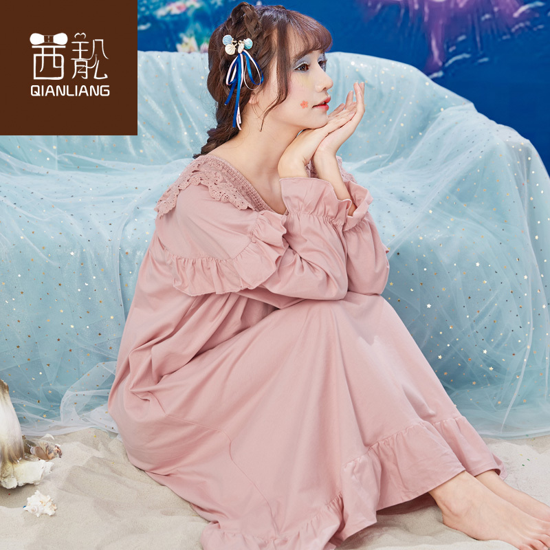 茜靓睡裙女春秋季长袖甜美纯棉韩版公主家居服可爱大码长款很仙的睡衣女夏