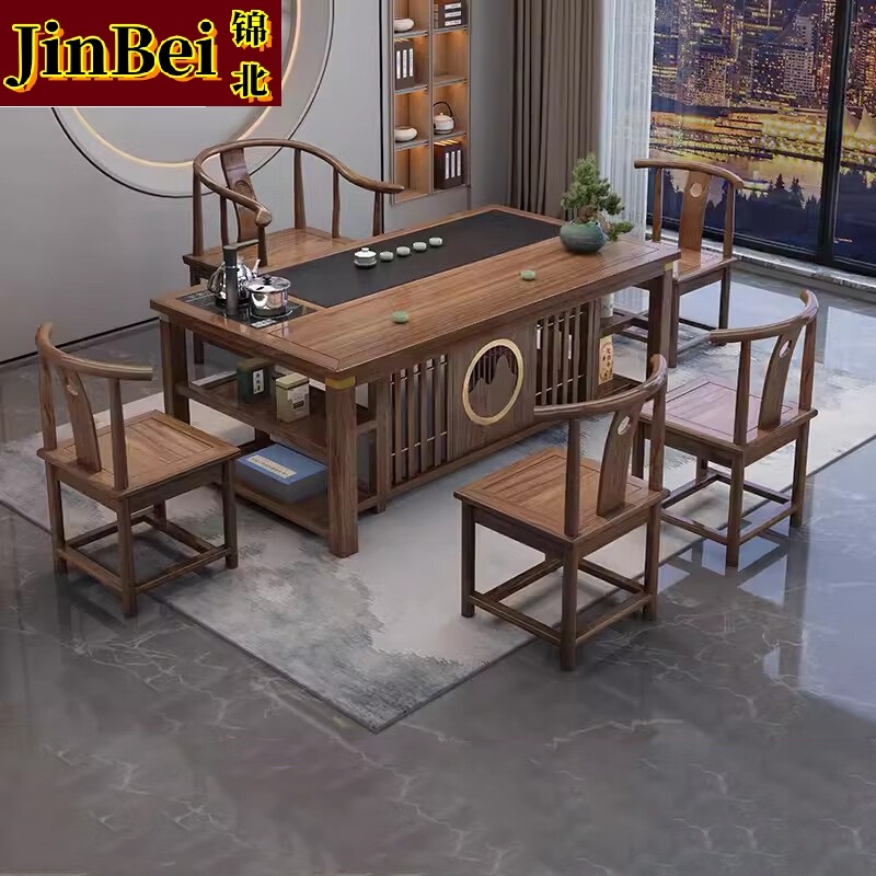 锦北 茶台茶具套装一体禅意茶几茶桌椅组合套装泡茶台1.6祥和桌+围椅+4月牙高清大图