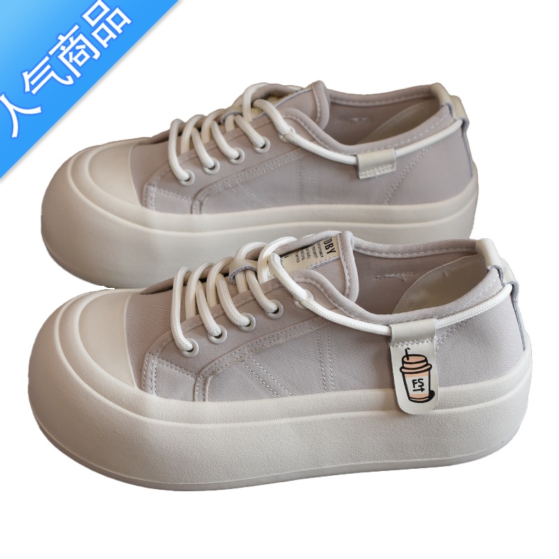 SUNTEKHO小众丑萌大头面包鞋女2023新款圆头厚底百搭休闲透气帆布鞋高清大图