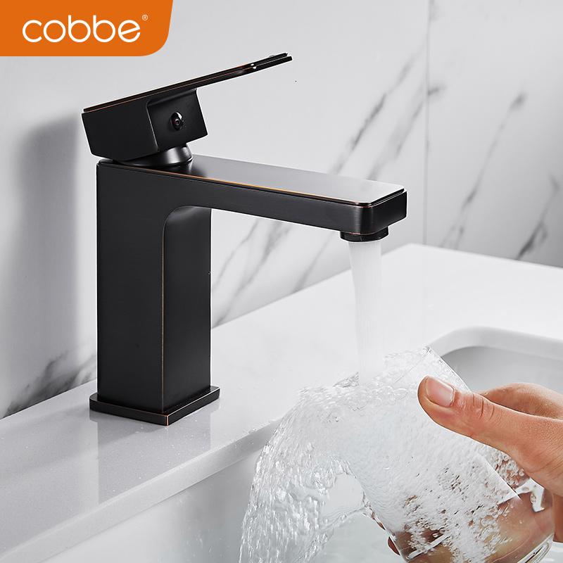 卡贝cobbe黑色水龙头卫生间台上盆冷热洗脸盆抽拉式洗手台全铜面盆