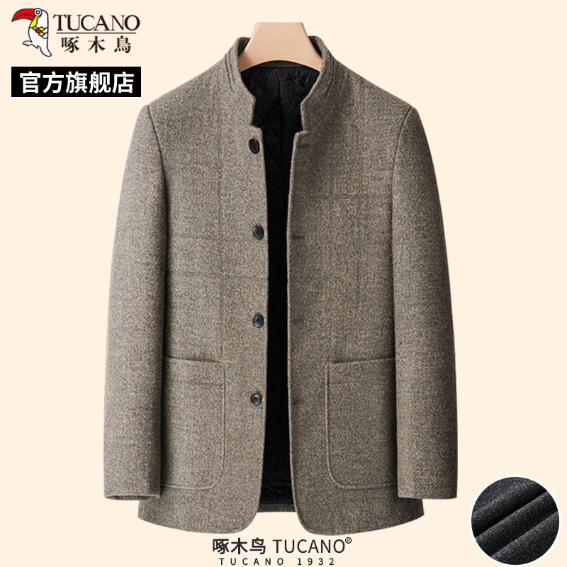 啄木鸟春季新款毛呢大衣爸爸立领中山装婚宴外套中年男士夹克衫山高清大图