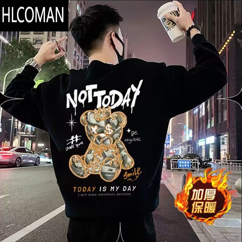 HLCOMAN欧洲站潮牌T恤新款卫衣男网红修身小熊印花上衣长袖男欧货