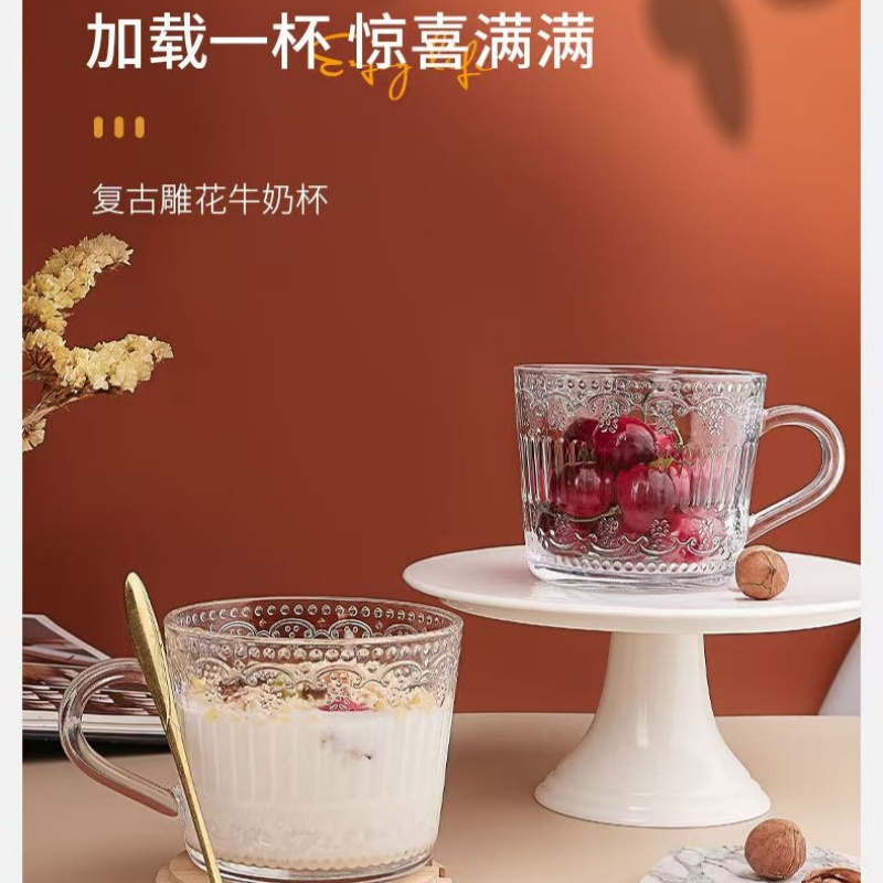 乐唯诗 早餐杯牛奶杯家用高颜值浮雕玻璃杯带盖+樱花勺—430ml高清大图