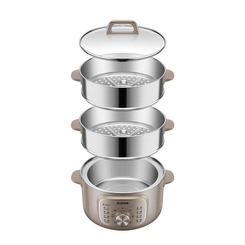苏泊尔双层智能电蒸锅 ZN26YK85 不锈钢大容量旋钮控制预约功能26CM大口径高清大图