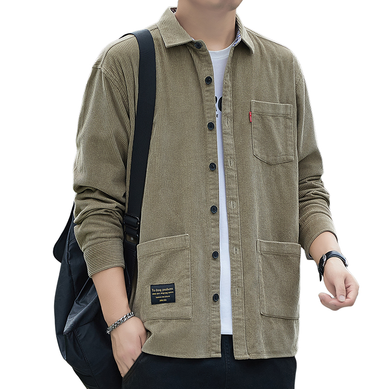 啄木鸟纯棉灯芯绒衬衫男士秋冬款长袖工装风全棉宽松衬衣男装外宽高清大图