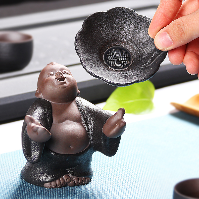 尚帝(shangdi)茶漏创意茶滤粗陶不锈钢泡茶过滤器功夫茶具配件陶瓷简约个性 细哑黑童牧茶漏架高清大图