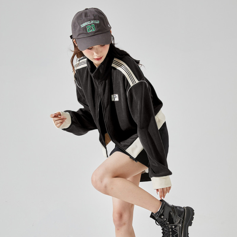 唐狮秋冬新款女立领短款拼接卫衣外套百搭减龄时髦韩系别致
