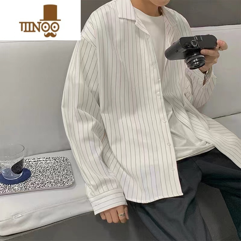 YANXU条纹衬衫男长袖大码港风日系宽松胖子衬衣休闲寸衫外套ins潮高清大图