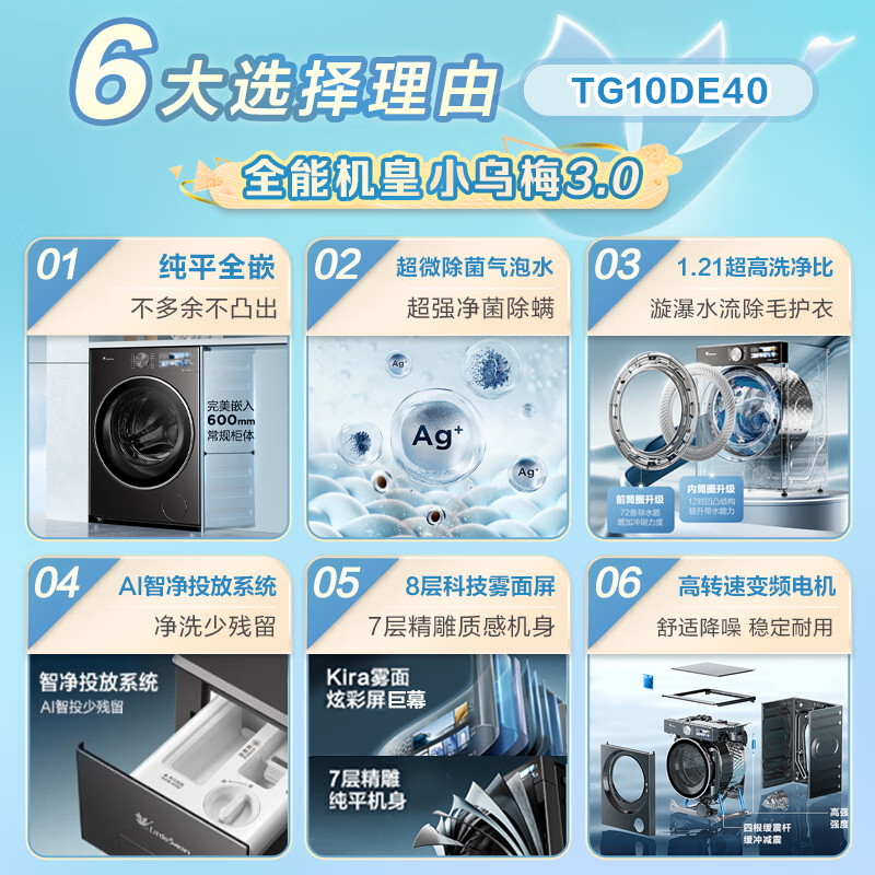 [纯平全嵌]小天鹅小乌梅3.0家用10KG全自动变频滚筒大容量全能机皇洗衣机TG10DE40家电国家政府补贴高清大图