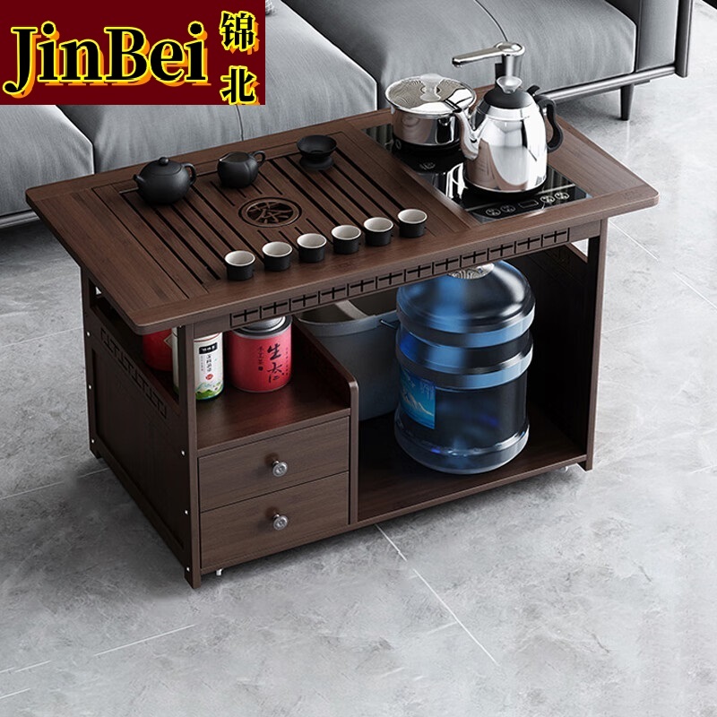 锦北 移动茶台家用竹木小茶桌烧水壶一体简约现代功夫茶几 80长全自动+黑陶茶具高清大图