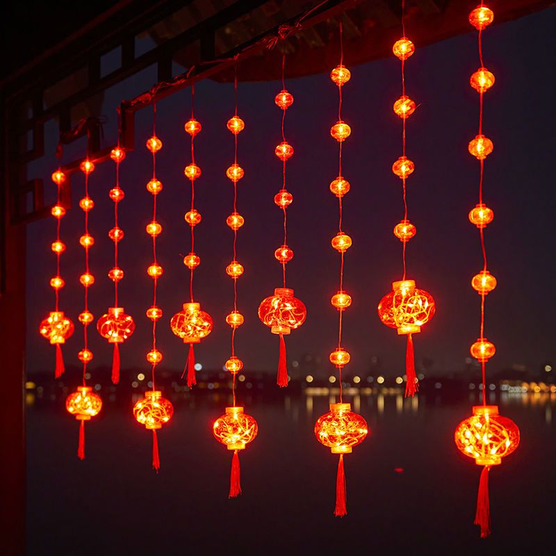 新年红灯笼串春节装饰房间阳台庭院客厅过年氛围灯小灯笼灯串灯饰-3米宽灯笼【三层】窗帘电池款-无规格高清大图