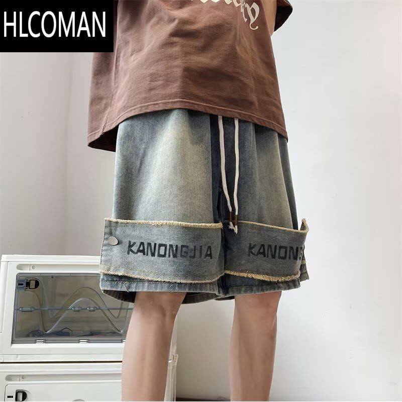 HLCOMAN美式复古vintage牛仔短裤男款夏季小众设计感裤子高街vibe五分裤图片