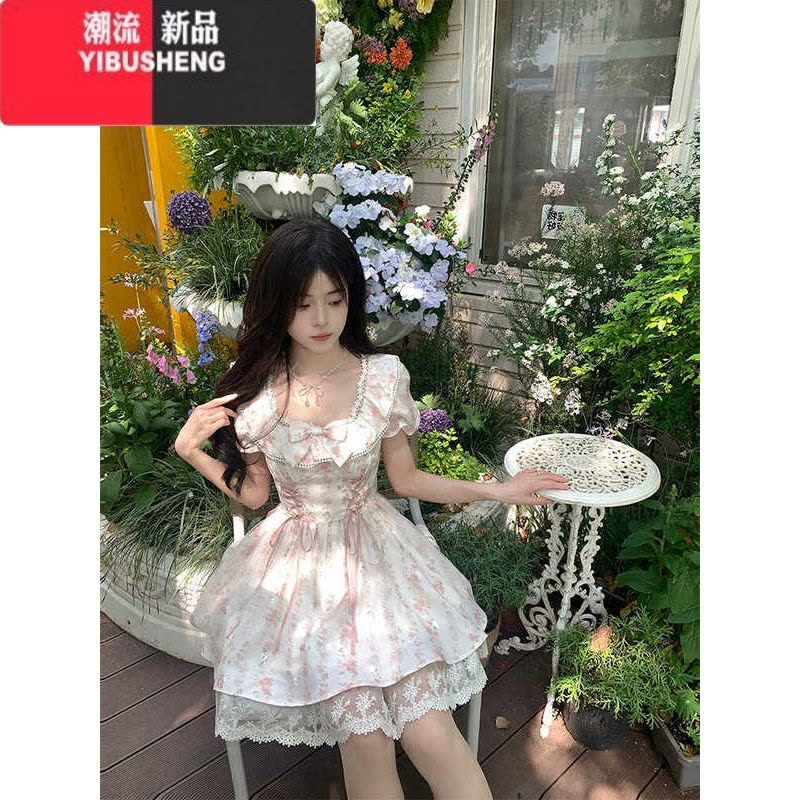 YIBUSHENG甜美可爱蝴蝶结方领碎花连衣裙子女季新款泡泡袖收腰显瘦蓬蓬裙图片