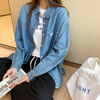 唐狮春季衬衫女复古牛仔做旧长袖衬衣小标薄款外套ins