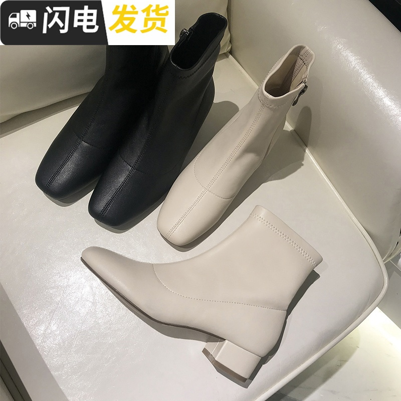 方头粗跟短靴女2022新款秋冬及踝靴侧拉链切尔西靴皮面单靴马丁靴启如休闲鞋休闲鞋