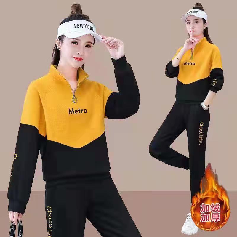 加绒加厚休闲运动套装女2021秋冬季新款韩版宽松大码卫衣两件套潮