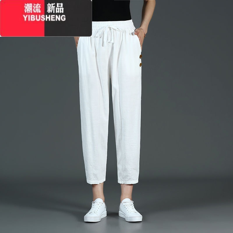 YIBUSHENG中老年妈妈棉麻九分裤季亚麻女裤宽松大码松紧腰休闲裤哈伦裤女高清大图
