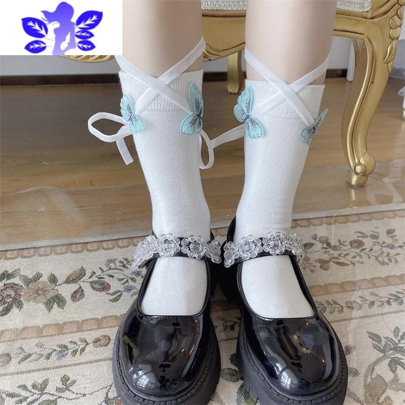 Ideamini人美野白色蝴蝶系带中筒袜女小红书仙女纯欲绑带小腿袜jk丝袜