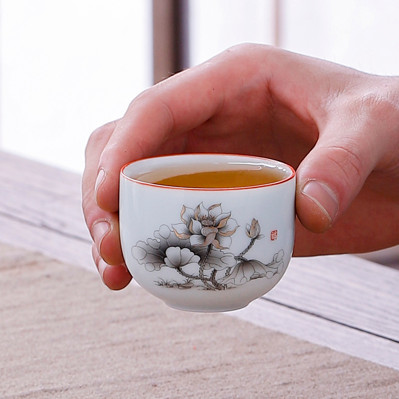 华普思陶瓷杯品茗杯功夫茶具杯子套装茶杯白瓷礼品加厚茶盏主人杯 蓝金牡丹 4只装高清大图