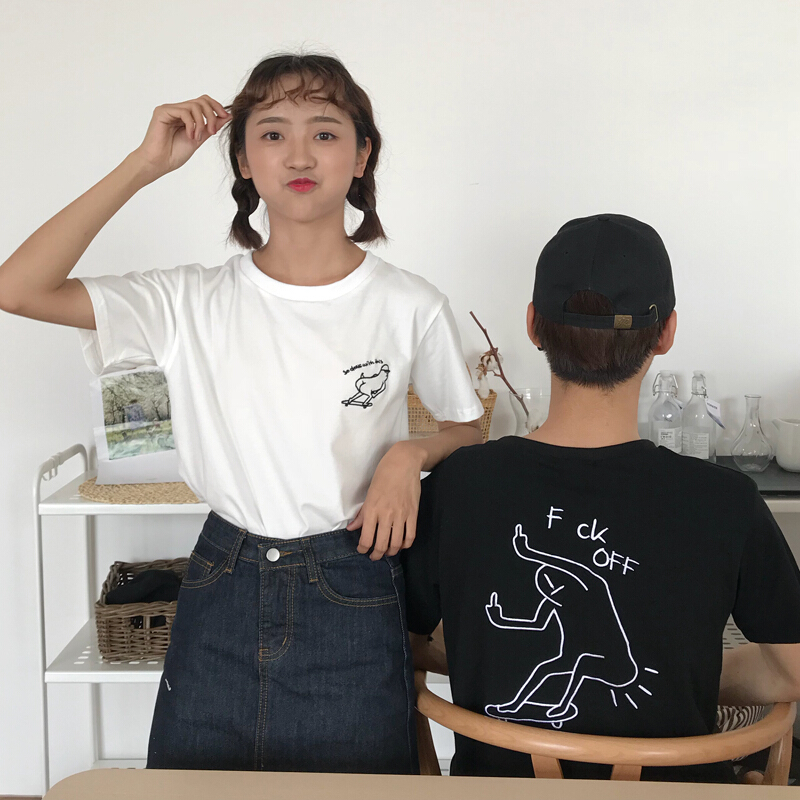 夏装女装2018新款韩版个性卡通刺绣情侣闺蜜款宽松短袖T恤上衣潮