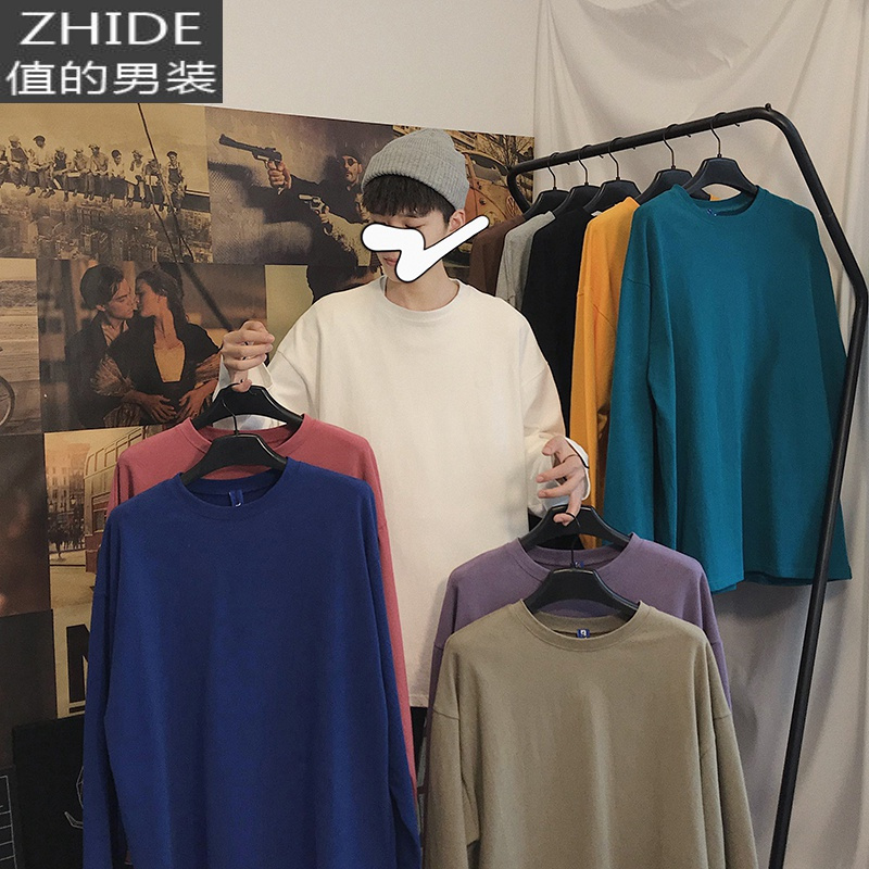 SUNTEK2件]长袖t恤男士内搭棉潮流春秋季衣服男装宽松白色体恤打底衫T恤
