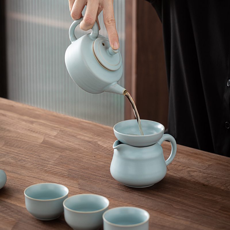 苏氏陶瓷(SUSHI CERAMICS)汝窑茶具套装可开片可养汝瓷功夫茶具10头礼盒装(钟德壶款)