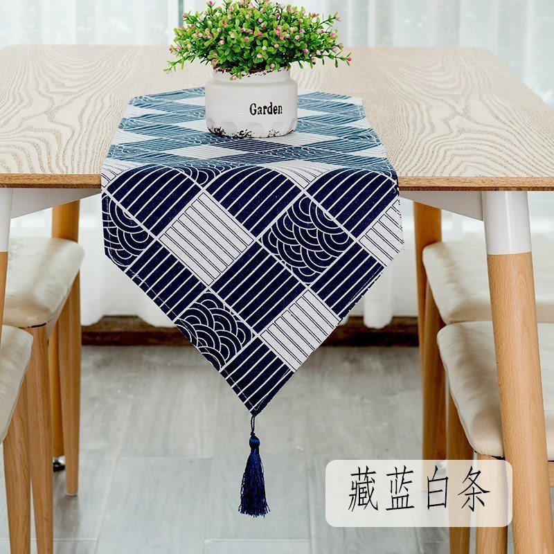 北欧桌旗 棉麻家用桌布电视柜长桌旗欧式茶几现代简约 藏蓝白条 30*160cm(适合100-120cm左右桌子茶几柜子)
