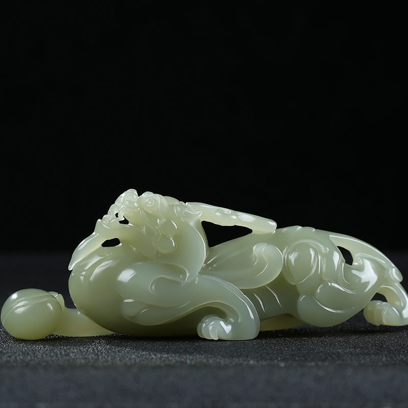 [进宝]新疆和田玉貔貅手把件青白玉瑞兽摆件办公室天然玉石