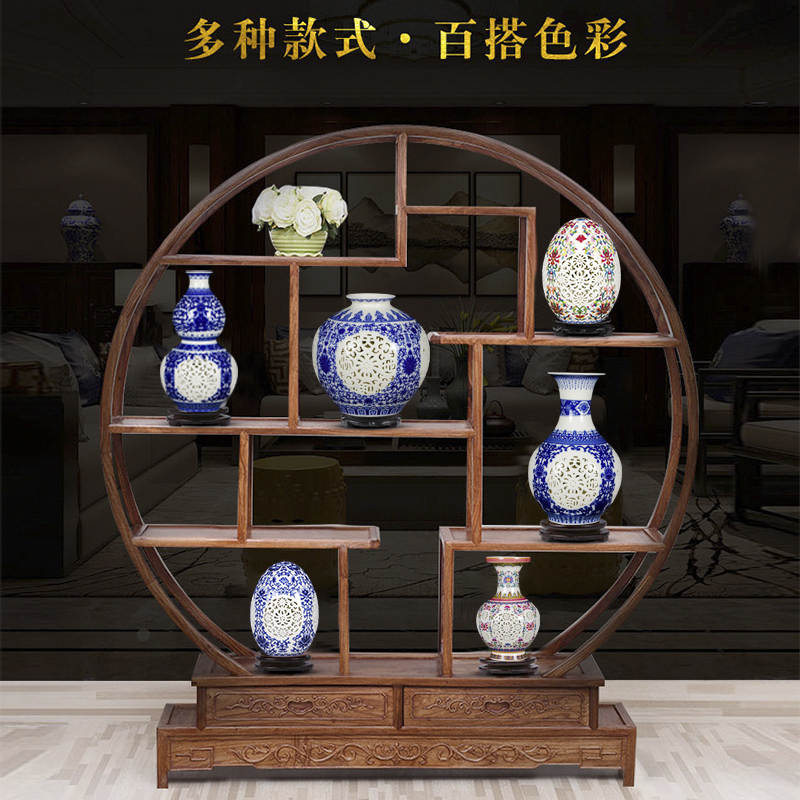景德镇陶瓷器花瓶石榴瓶摆件青花瓷镂空中式家居客厅博古架装饰品 三维工匠 粉彩镂雕灯笼瓶