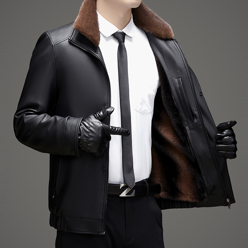 免费试穿高端皮草2019秋冬翻领水貂绒男士皮衣外套休闲短款皮毛一体男修身依诺柏尼品牌男士 L/175 黑色