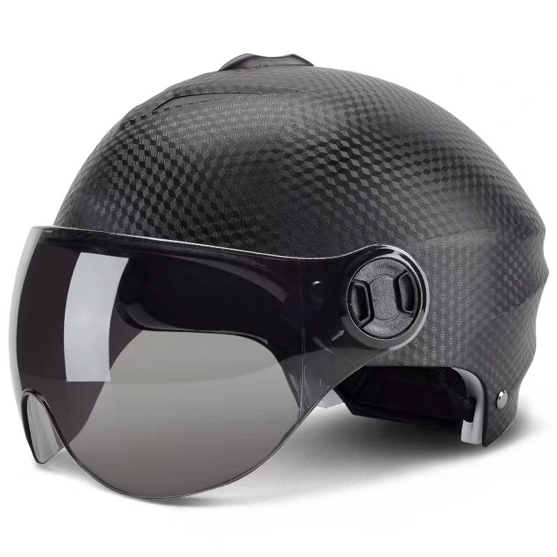 头盔男电瓶车女士夏季四季轻便保暖冬季防晒可爱安全帽黑纤维茶镜均码