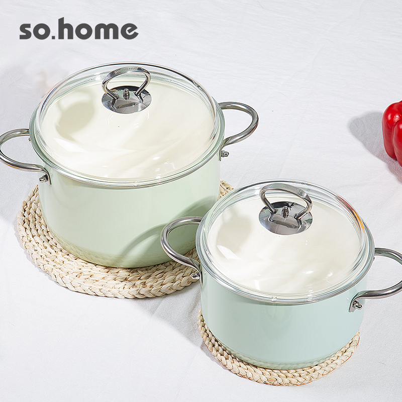 sohome珐琅不锈钢搪瓷奶锅单柄玻璃盖燃气灶电磁炉 2.0L/16cm 浅绿色