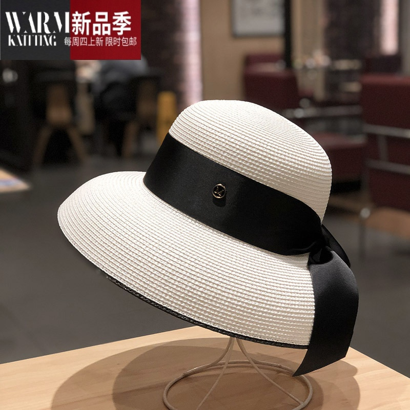SHANCHAO复古法式赫本风百搭帽子女网红款时尚韩版遮阳帽绸缎绑带草帽