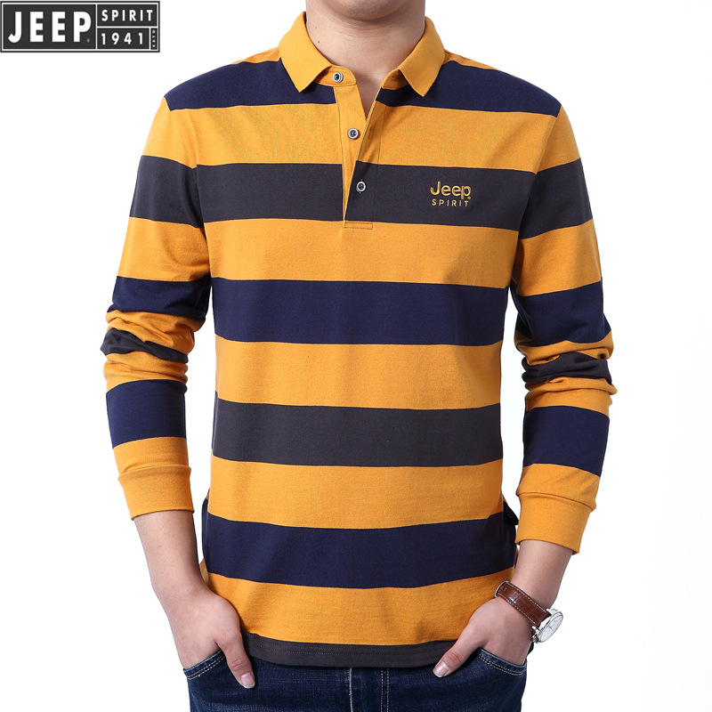 JEEPSPIRIT长袖T恤条纹POLO衫翻领商务休闲宽松打底衫 XXL 黄色