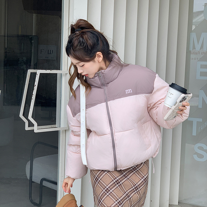 羽绒棉服女2024冬季新款宽松棉衣拼色时尚百搭加厚小棉袄外套短款 粉色 XXL