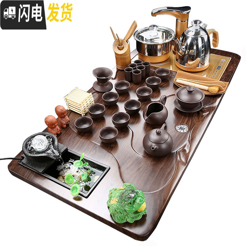 三维工匠雾化流水实木茶盘功夫茶具套装家用简约现代茶台茶道全自动 12流水茶盘+浮雕冰裂