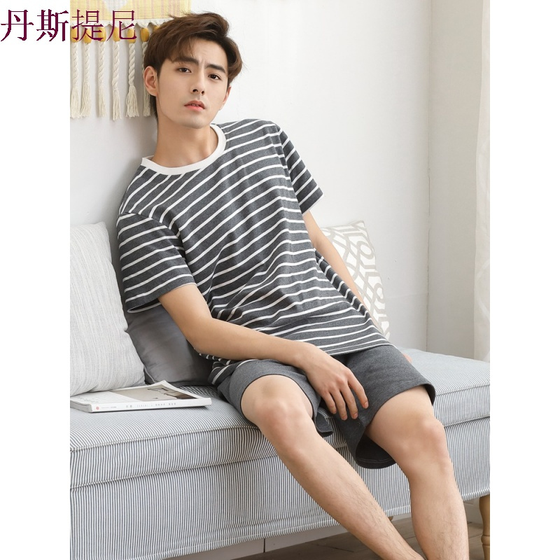 睡衣男夏纯棉短袖青少年韩版休闲全棉夏天男士薄款家居服套装syq