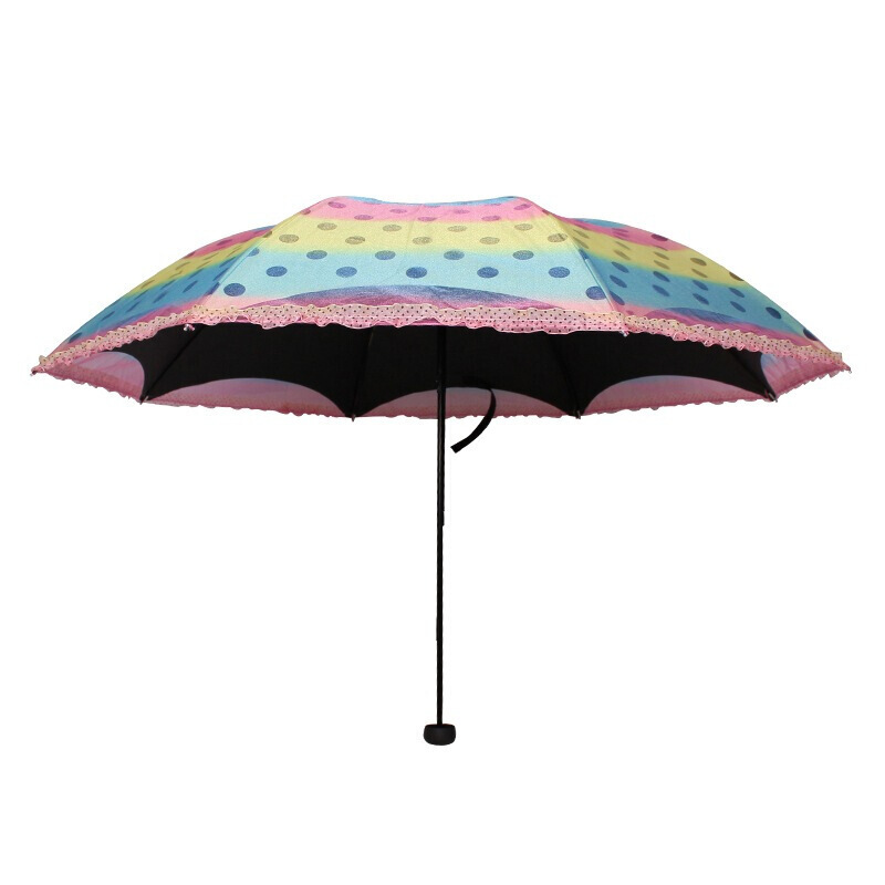 天堂伞 七彩霓虹彩虹纱拼裙边黑胶双层三折晴雨伞太阳伞 紫绿蓝 33074E
