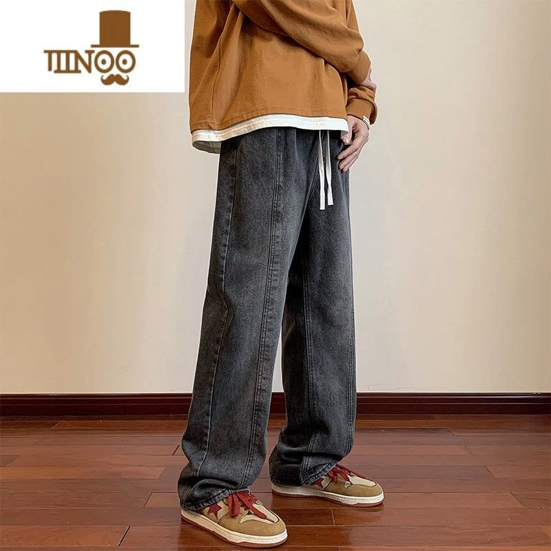 YANXU复古蓝牛仔裤男宽松潮牌网红情侣oversize裤子高街美式直筒工装裤图片
