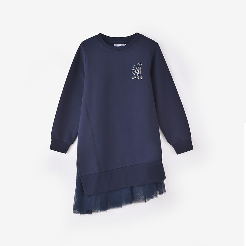 铅笔俱乐部童装女童双层连衣裙2022秋装新款儿童不规则下摆裙子 110cm 深蓝