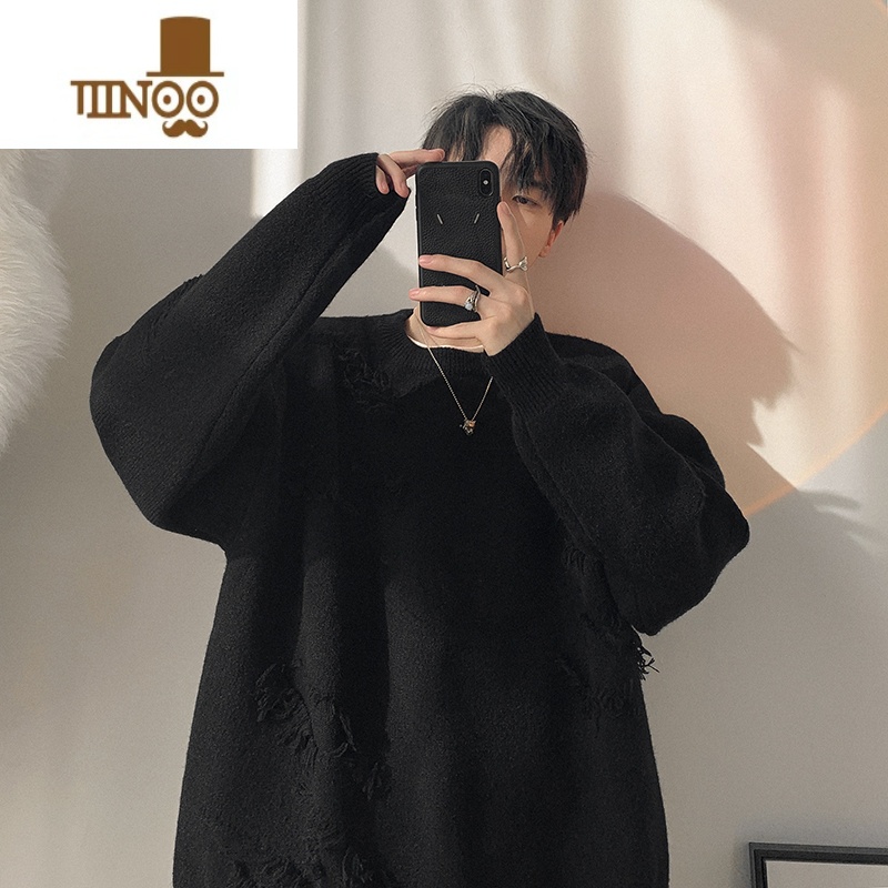 YANXU美式复古绿色破坏风毛衣男秋季穿搭感日系慵懒复古毛线衣外套高清大图
