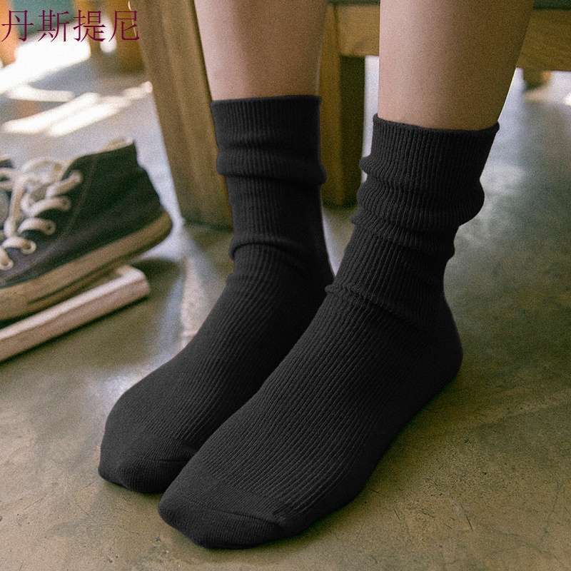 紫色堆堆袜薄款夏季宝蓝袜子女中筒袜韩版学院风黑色日系长袜纯棉