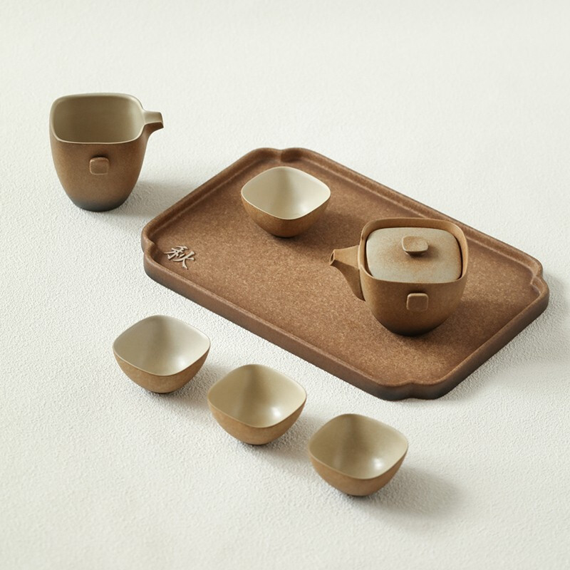 万仟堂(EDENUS)四方团圆·成套茶具黄砂釉(一壶一海一盘四杯)