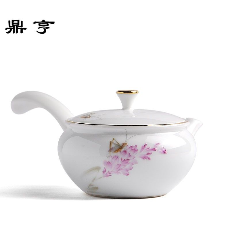 鼎亨秋韵德化白瓷家居田园风浅浮金边侧把壶冲泡茶壶器陶瓷功夫