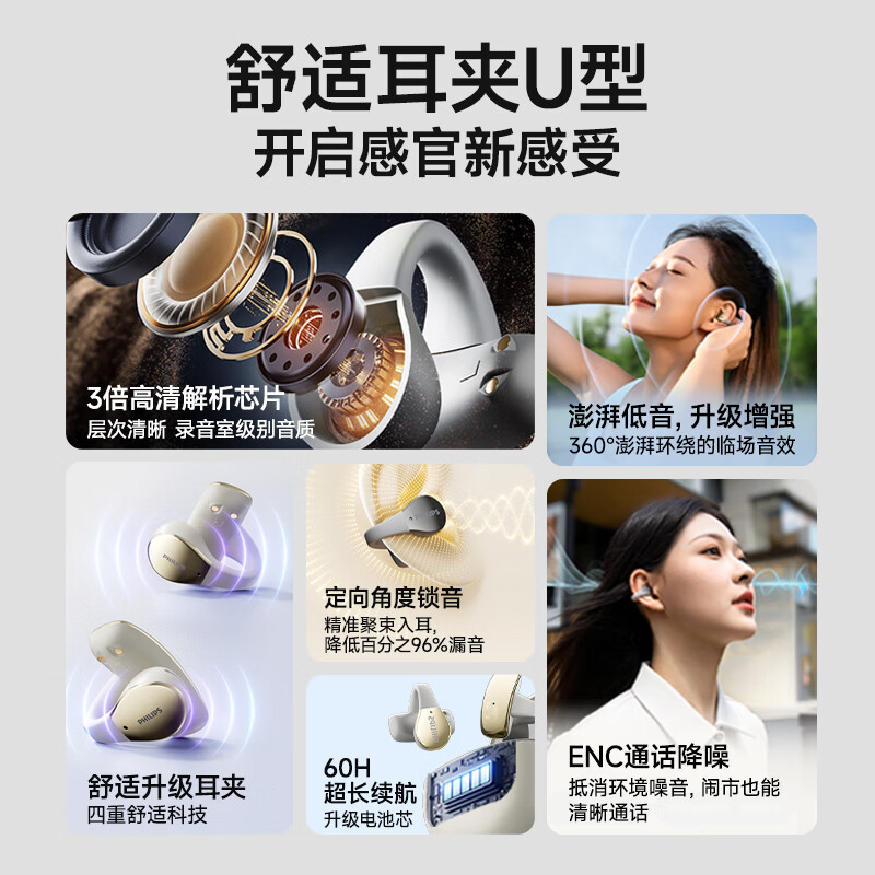 飞利浦(PHILIPS)骨传导概念真无线 蓝牙耳机 开放式挂耳式耳夹式高端运动通话降噪TAT2719-黑
